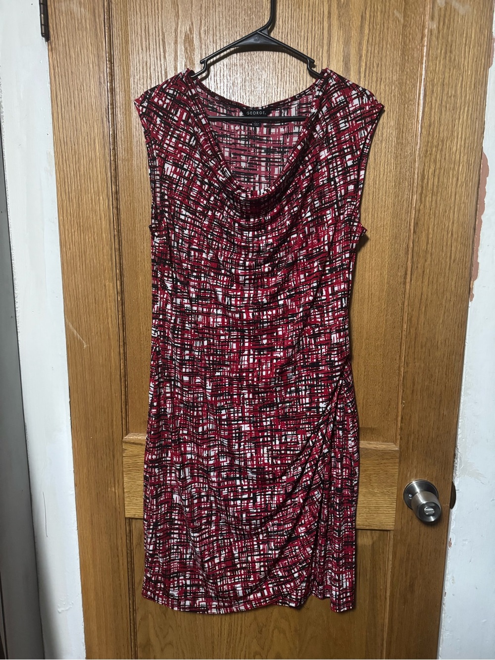 George Sleeveless Cowl Neck Midi Dress in Red and Black Abstract Print